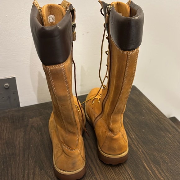 Timberland tall buckskin boots, wheat color, dark brown top, side zip, size 6 - Picture 2 of 10